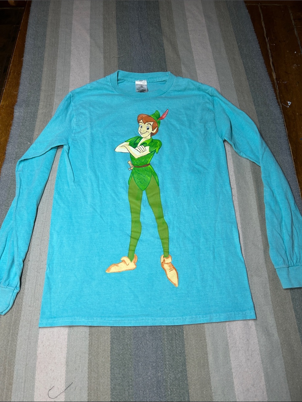 Disney Parks XS Turquoise Long Sleeve Tee with Peter Pan Graphic front and back